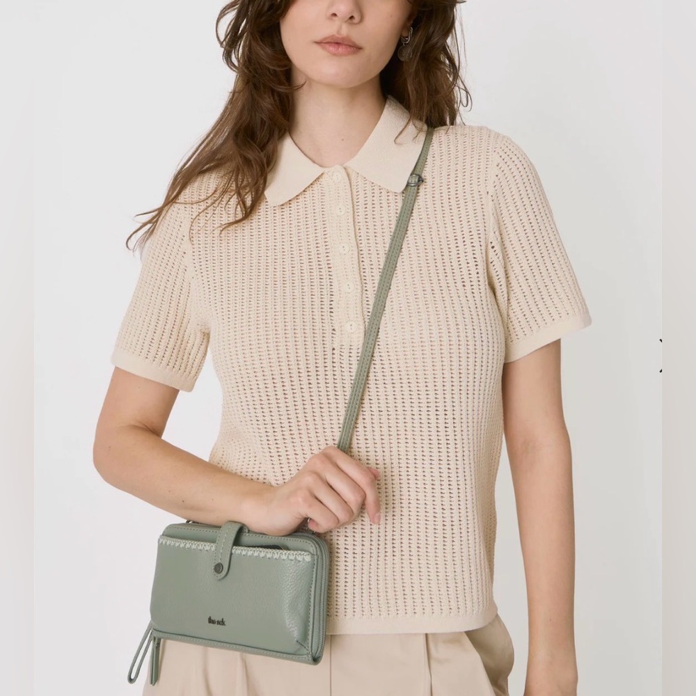 The Sak Iris smartphone convertible leather crossbody wallet meadow sage green